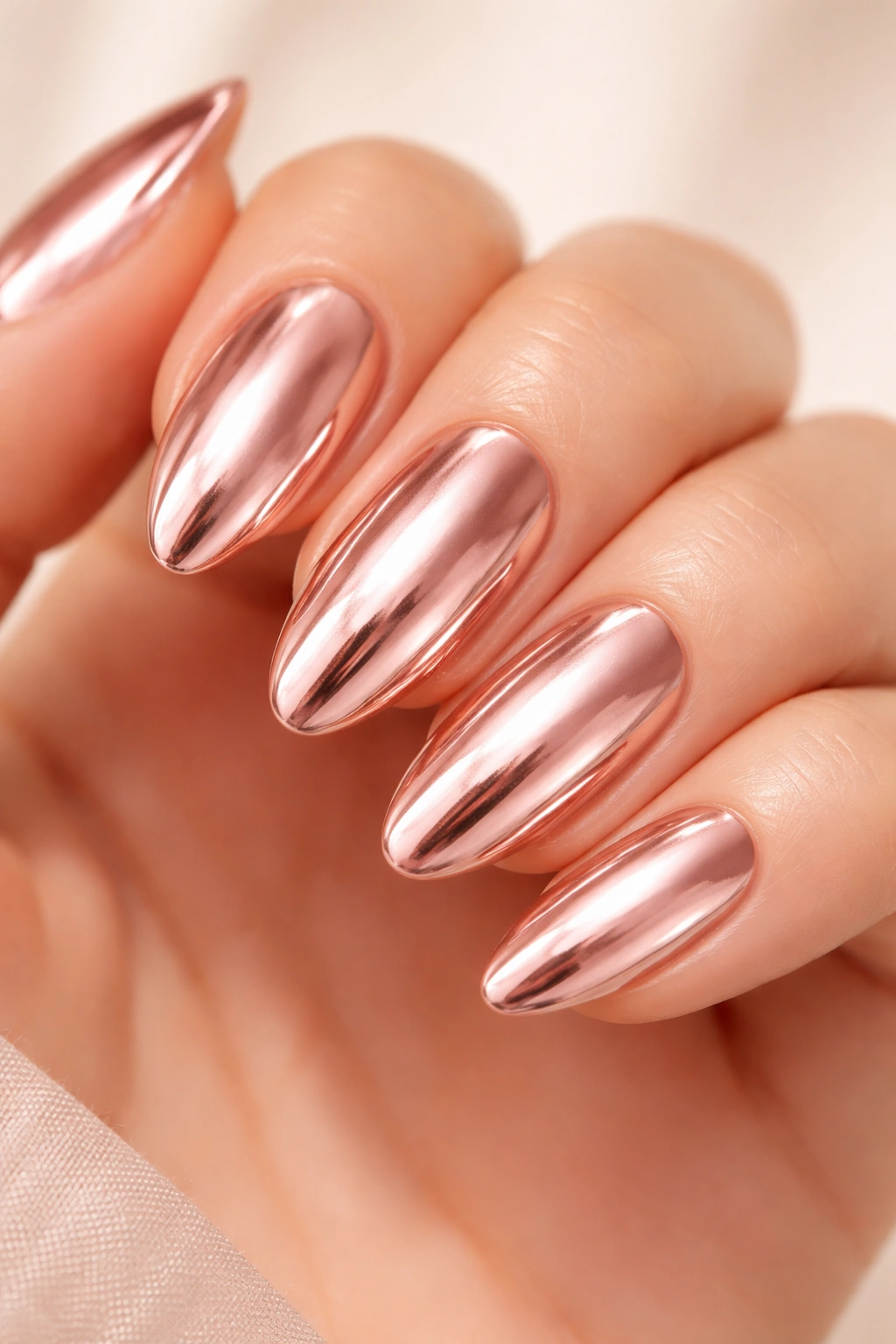 Close-up of rose gold chrome nails with reflective metallic finish