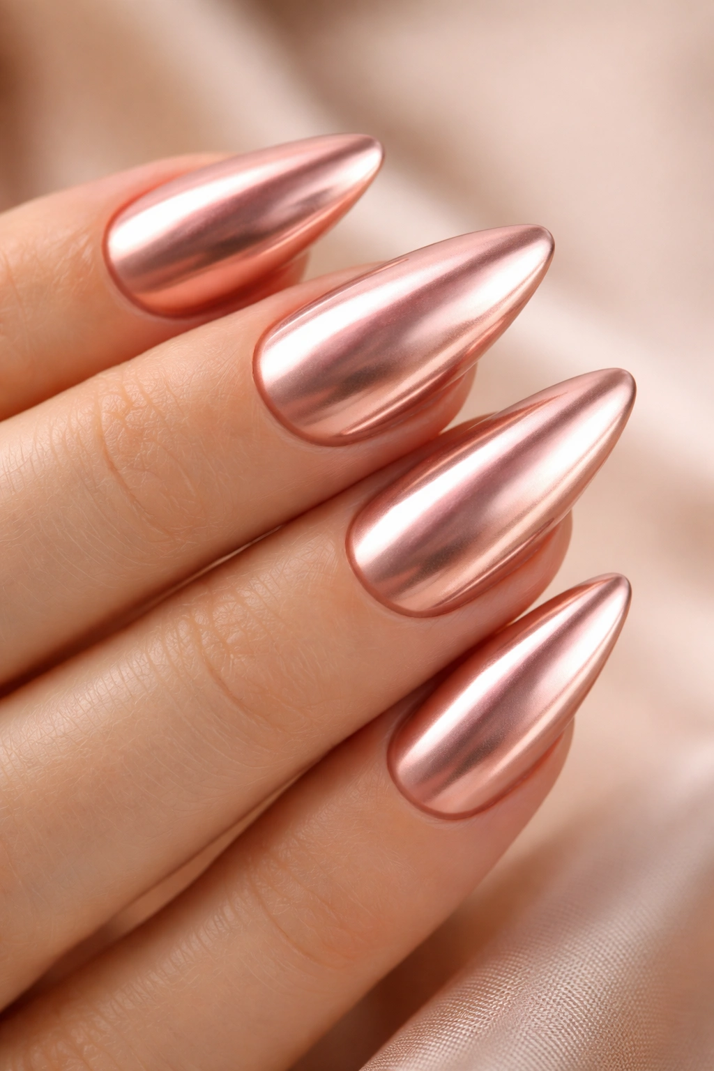Close-up of rose gold chrome almond nails on neutral background.