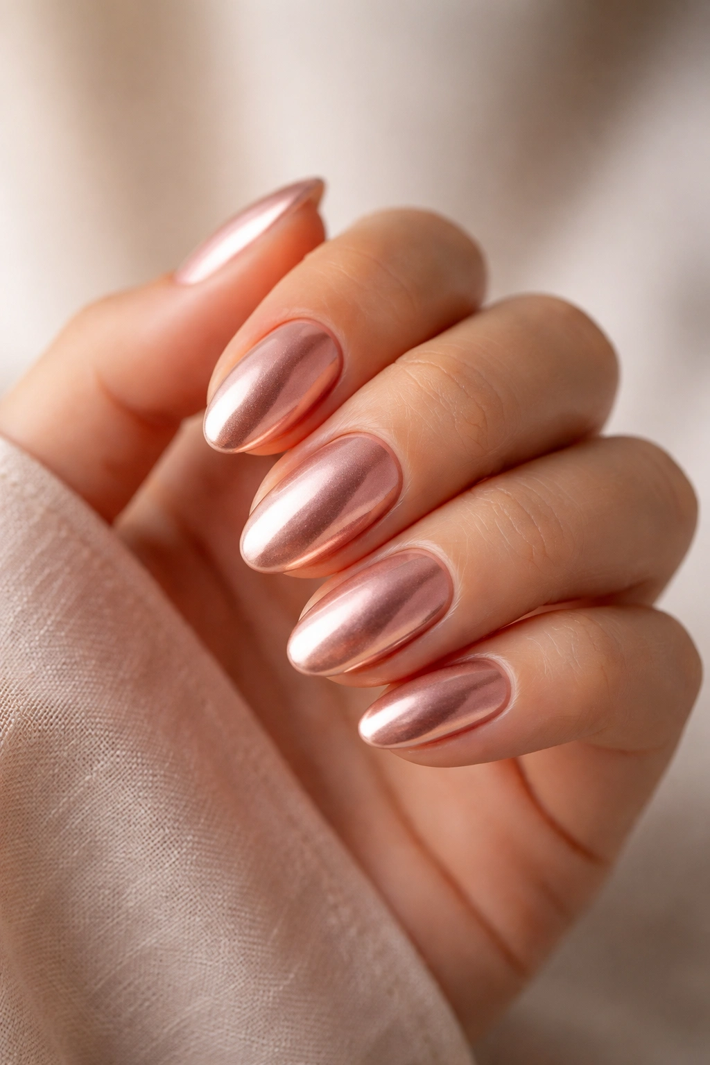 Rose gold chrome almond nails close-up on hand