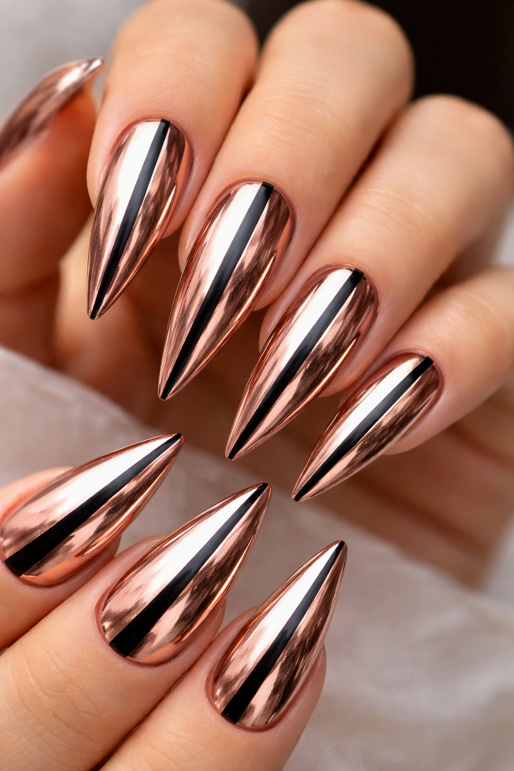Close-up of rose gold chrome stiletto nails with a thin black center stripe