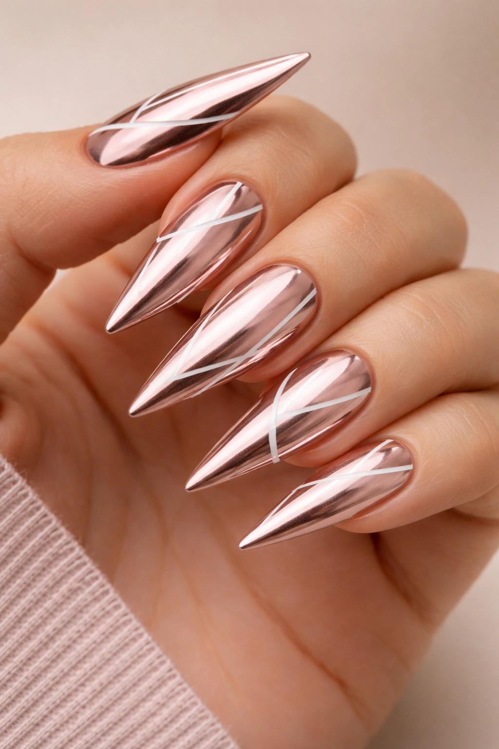 Rose gold chrome nails with minimalist white lines on stiletto shape