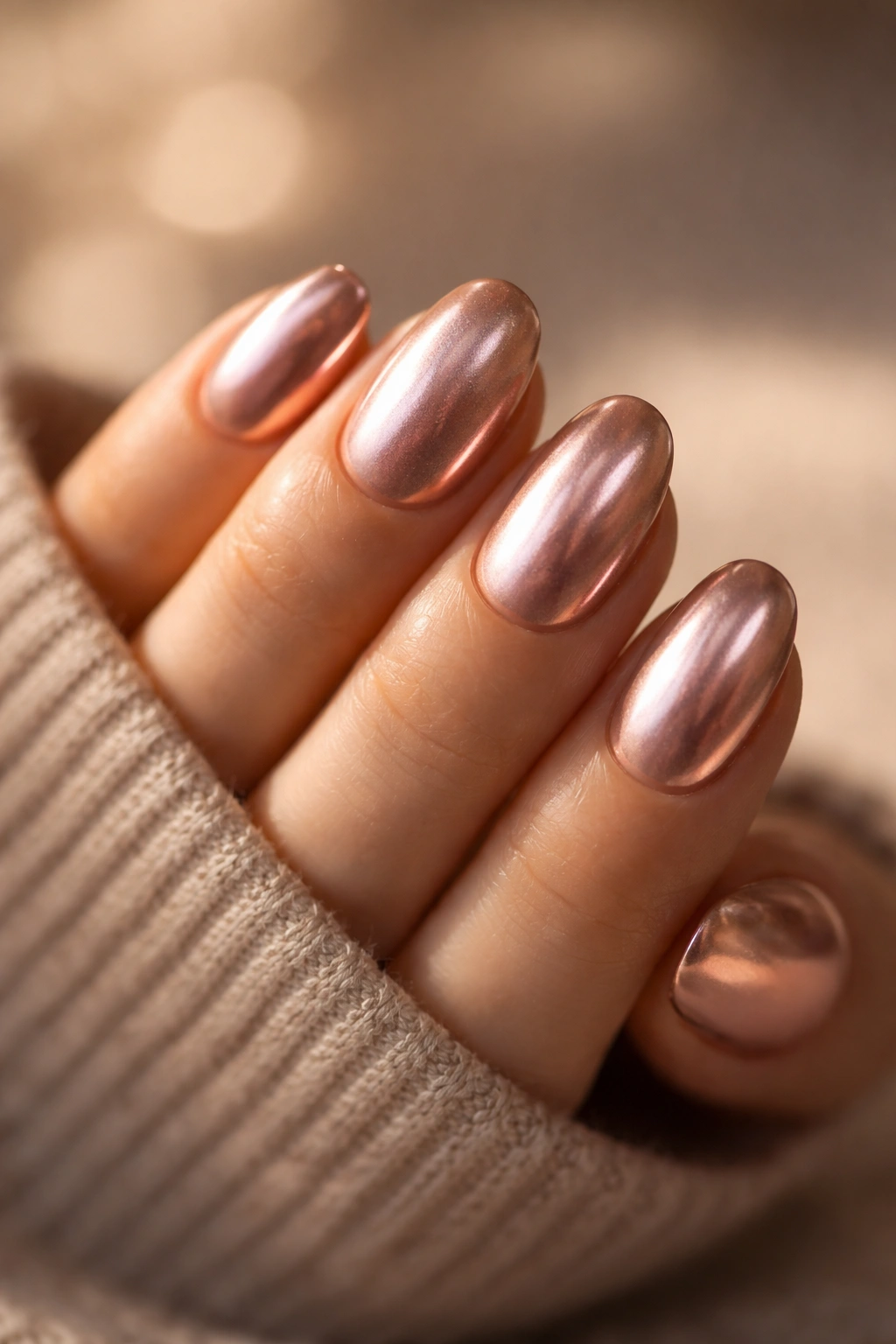 Close-up of short oval nails with rose gold chrome on nude base, warm glow