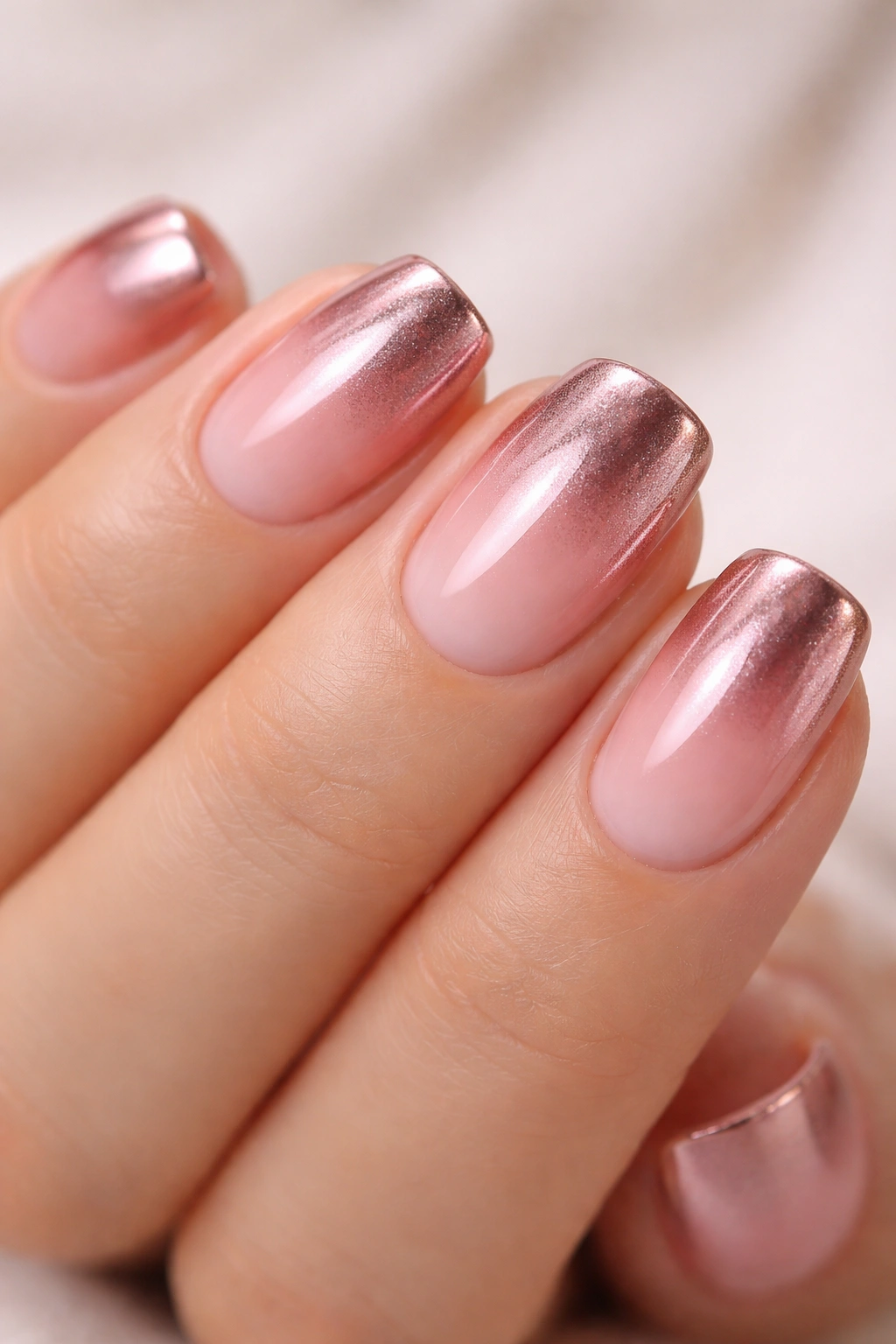 Close-up of nails with blush to rose gold chrome ombre.