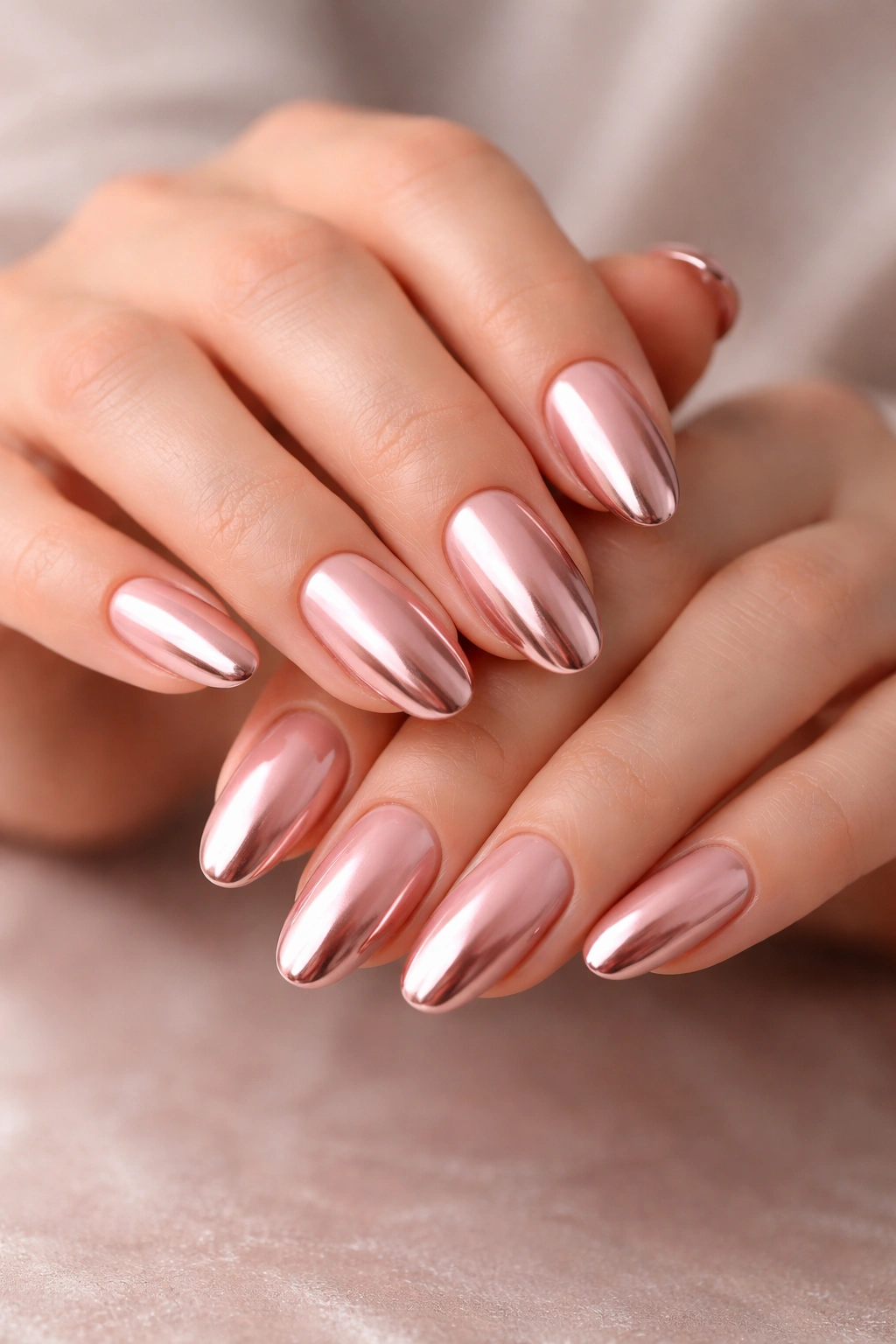 Nails with rose gold chrome ombre gradient from base to tip