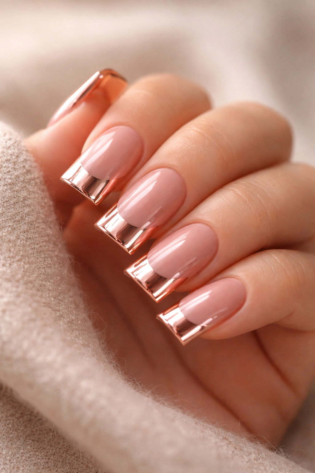 Close-up of short nails with rose gold chrome and glossy tips on duck nail shape