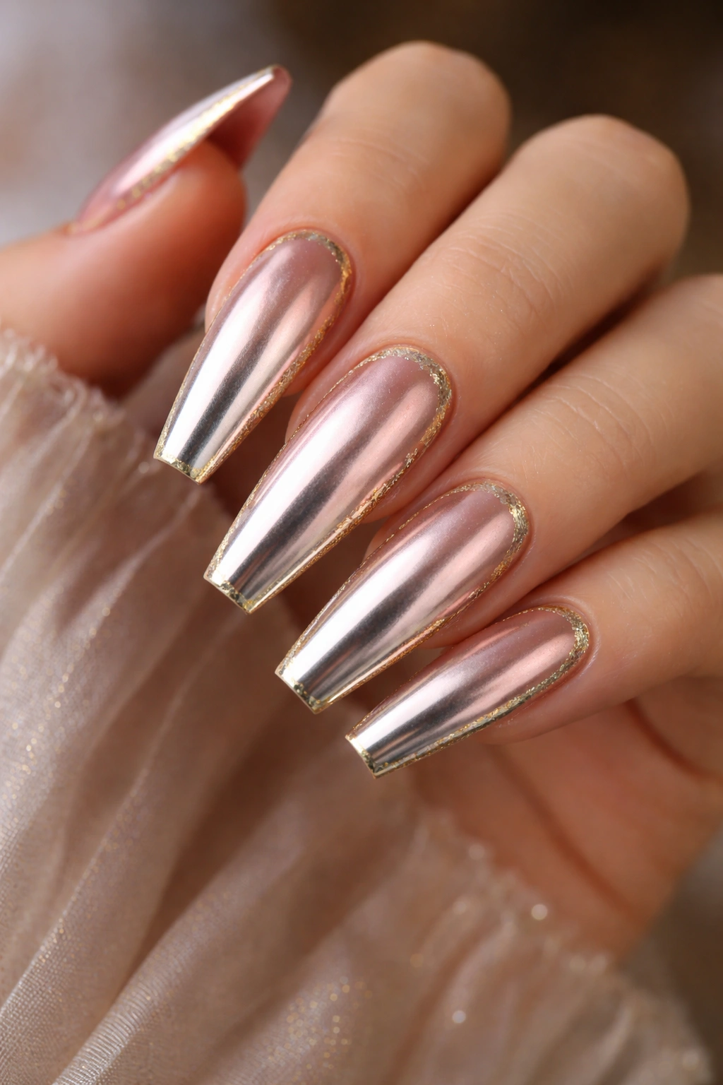 Rose gold to silver chrome ombre with gold foil accents on coffin nails