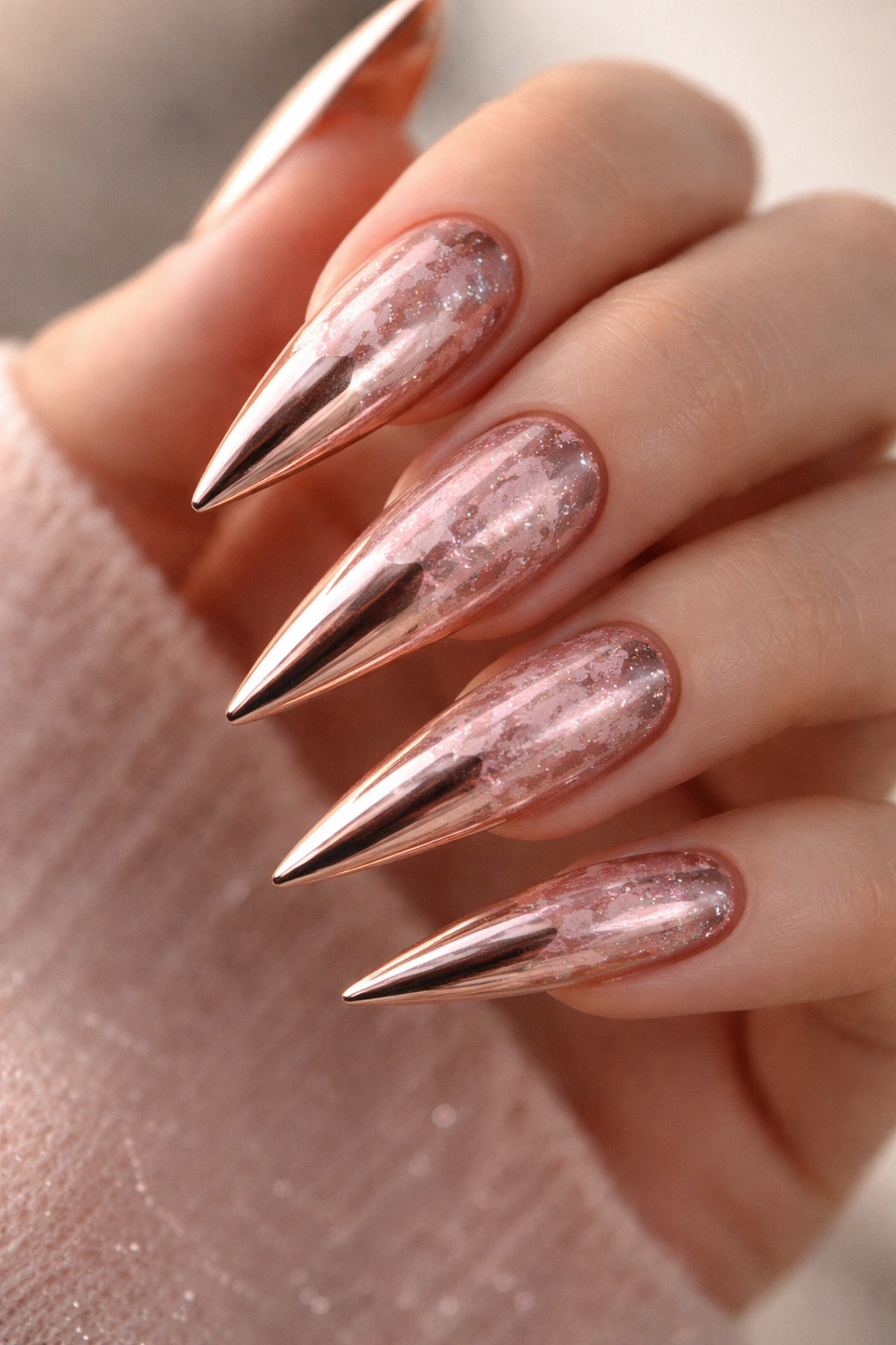 Close-up of nails showing rose gold chrome with rose quartz texture and subtle glitter