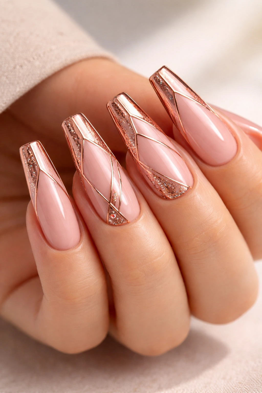 Close-up of rose gold coffin nails with metallic edge accents