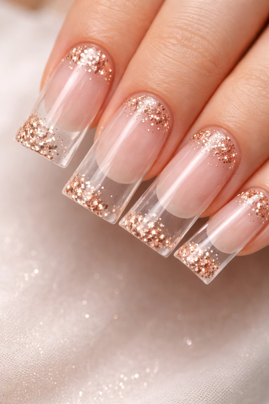 Clear nails with small rose gold confetti clusters on base and tip