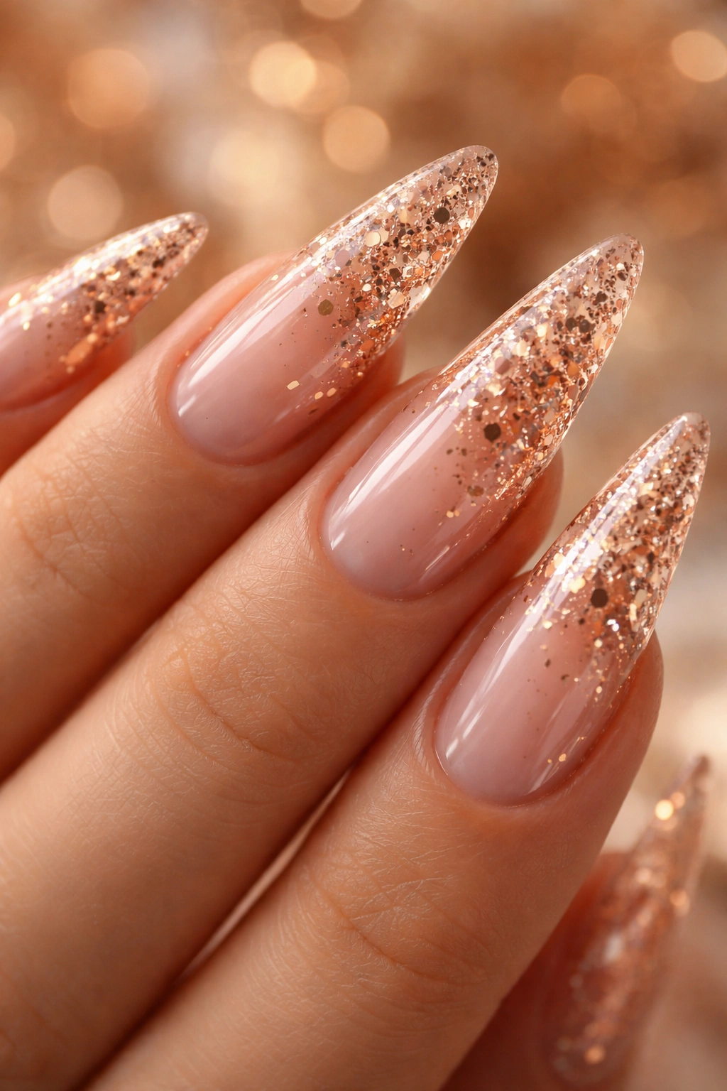 Close-up of clear stiletto nails with rose gold confetti at the tips