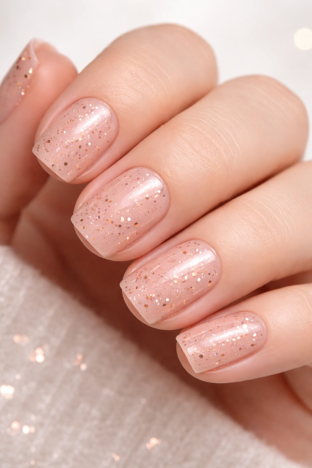 Close-up of nude nails with dispersed rose gold confetti flecks.