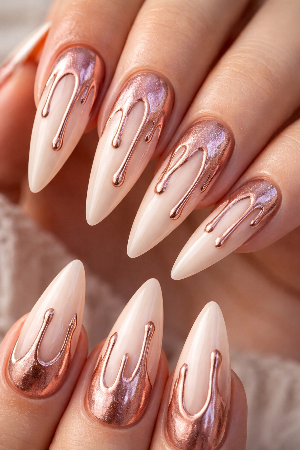 Close-up of rose gold drip nails on pale base