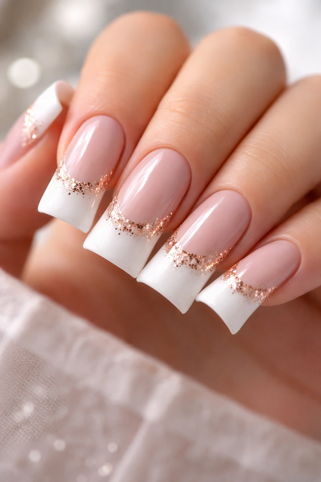 Close-up of rose gold accented duck nails