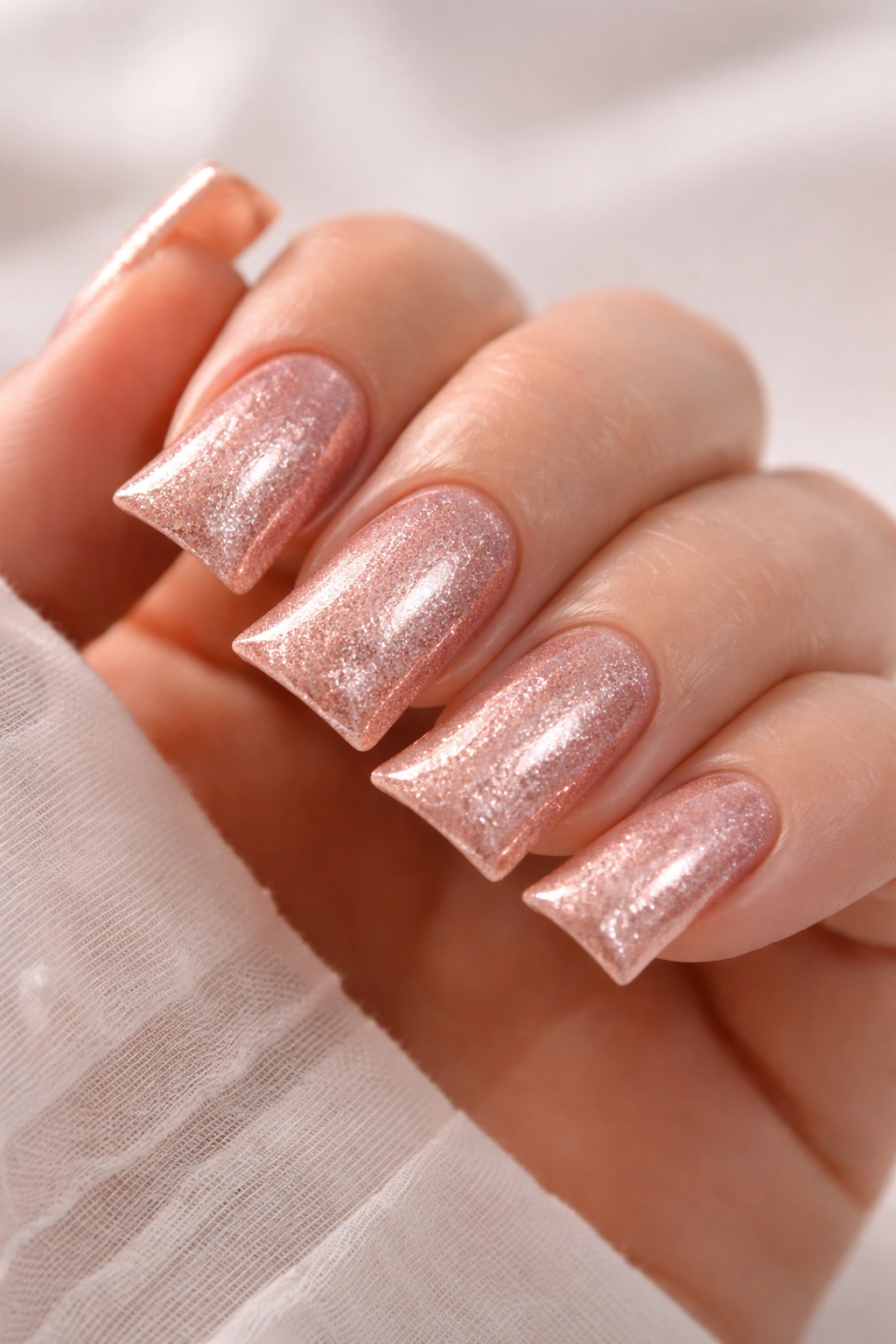 Close-up of short duck nails in shimmering rose gold