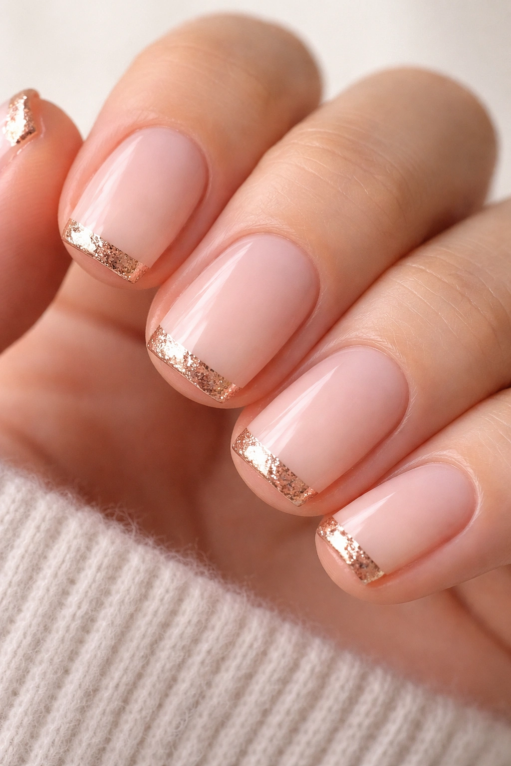 Nails with pale pink to rose gold edge on squoval shape