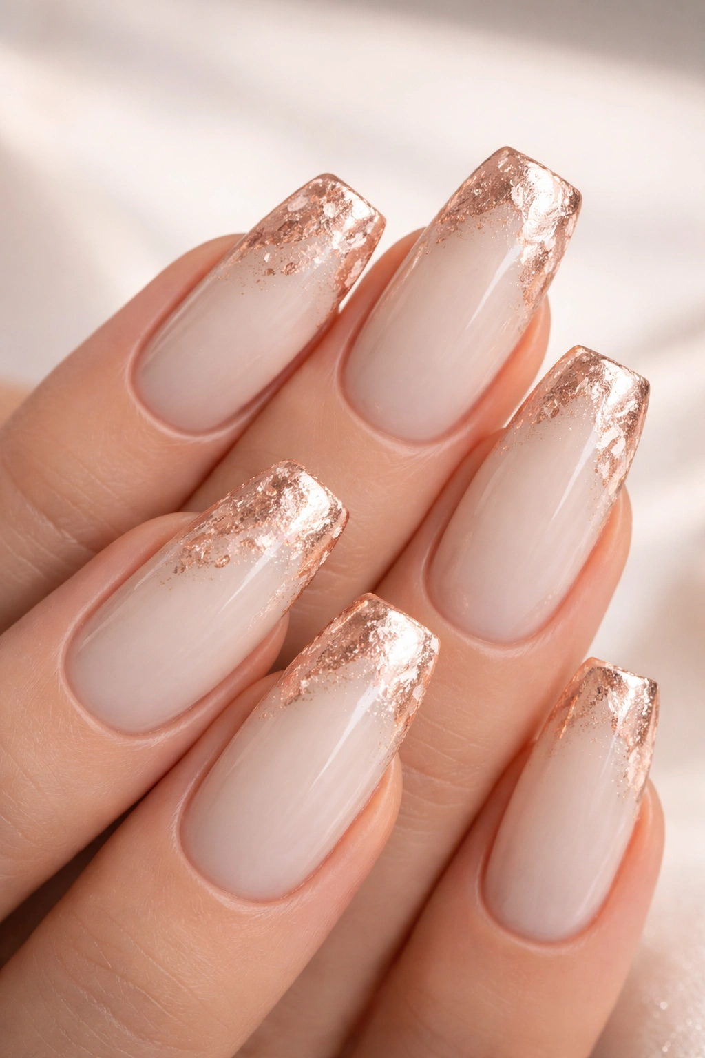Close-up of long squoval nails with cream base and rose gold foil accents