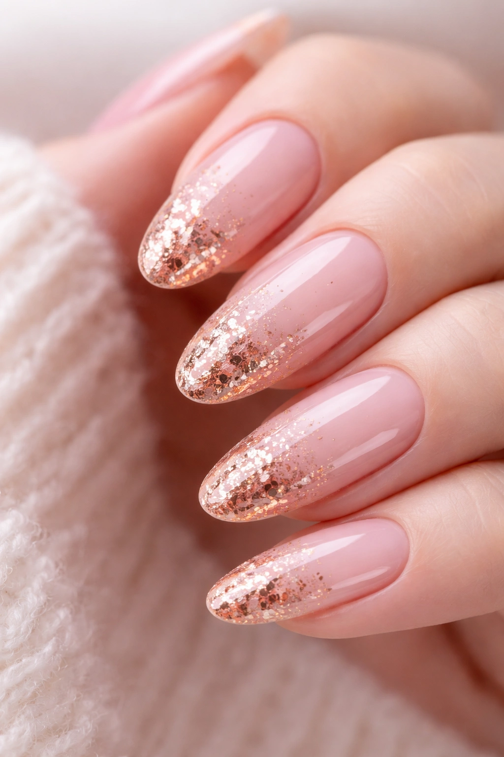 Close-up of long oval nails with rose gold foil accents on a neutral base