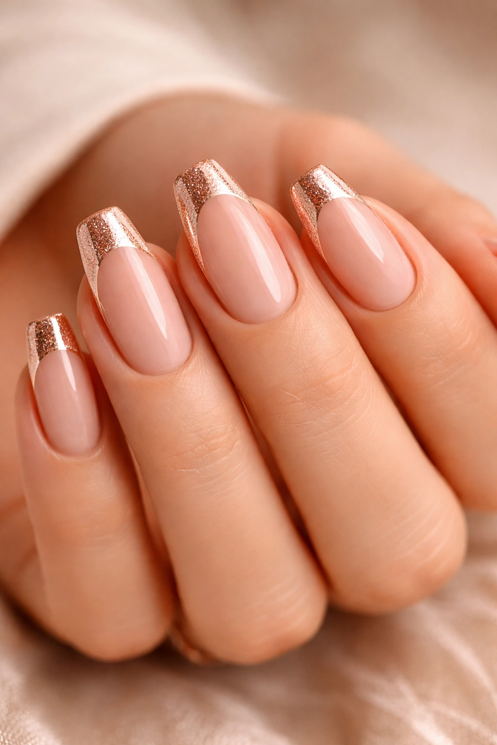 Close-up of nails with rose gold tips on nude base