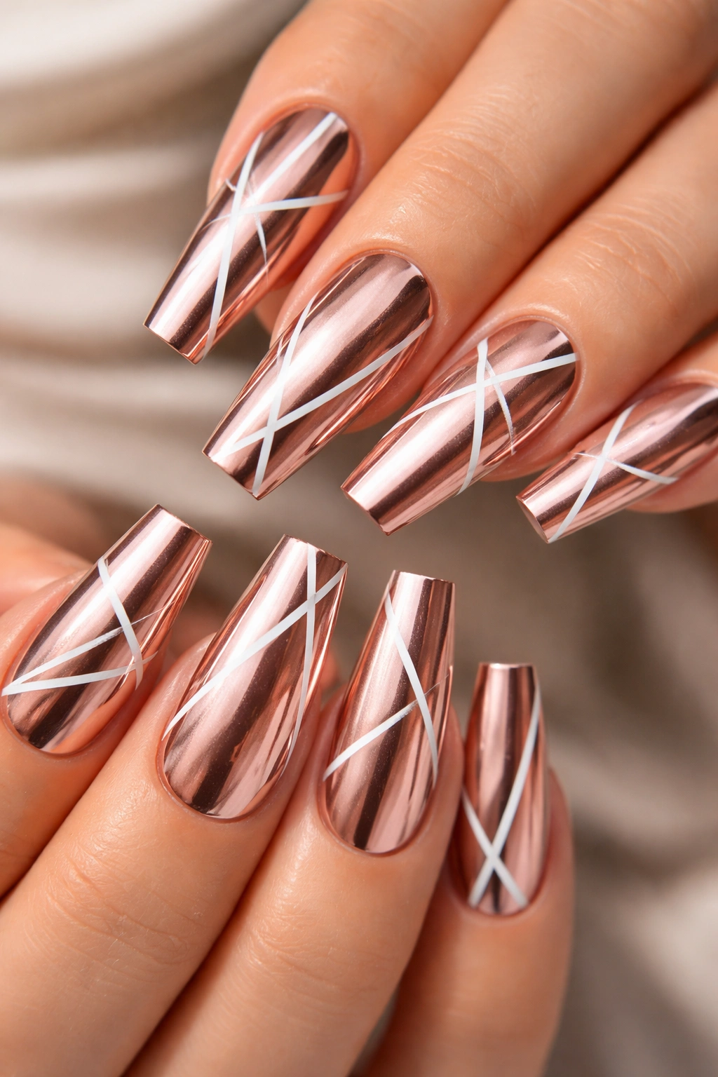 Close-up of rose gold geometric coffin nails with white line designs