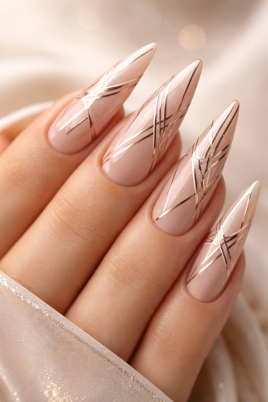 Close-up of rose gold geometric pattern on stiletto nails