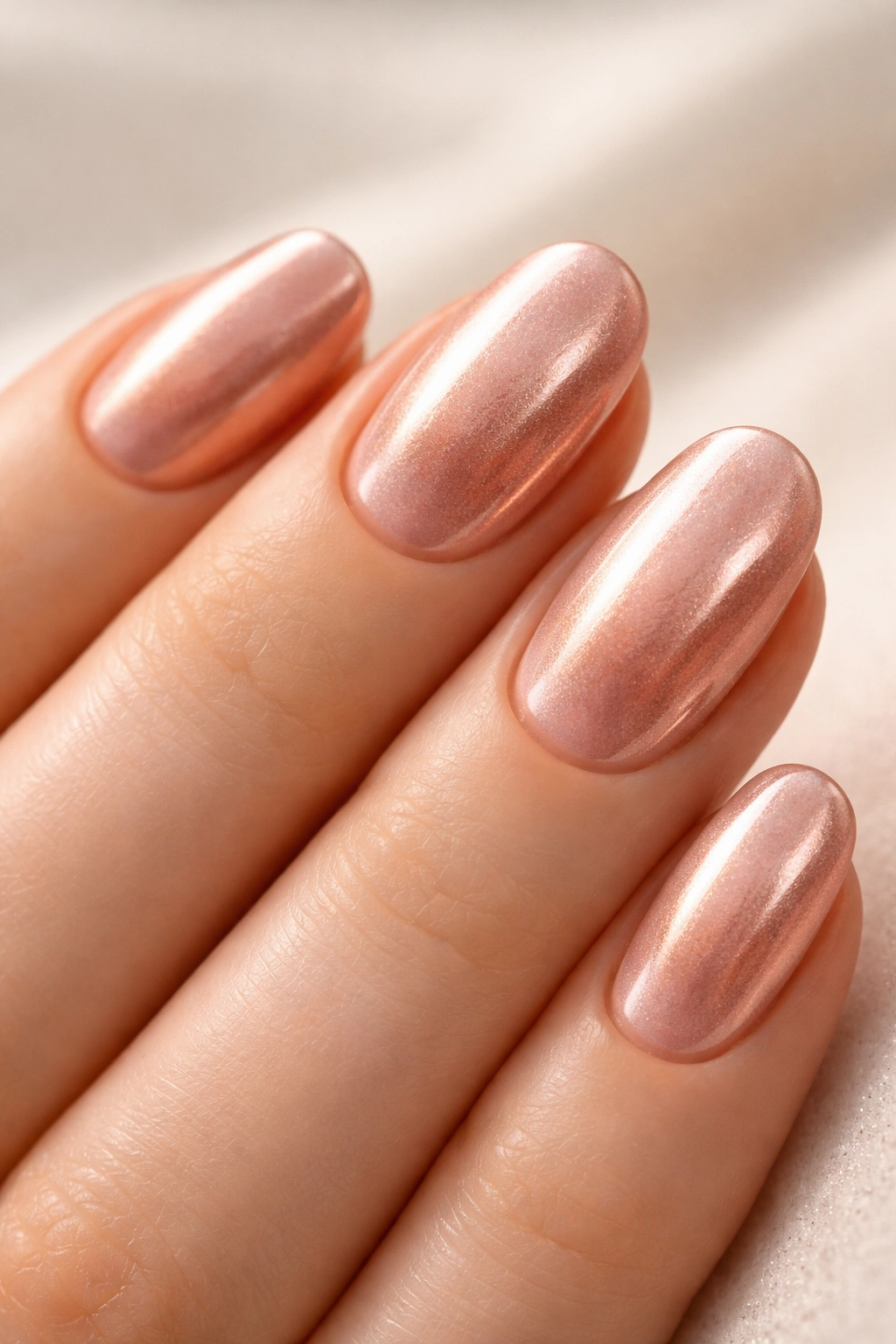 Close-up of short oval nails with rose gold glaze