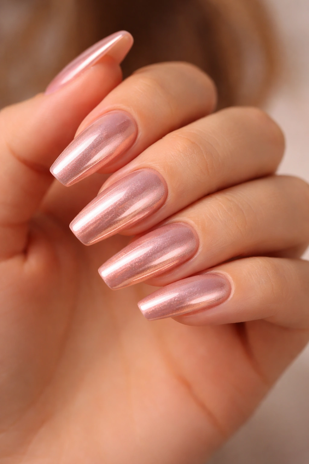 Rose-gold glazed ballerina nails with soft rose glow