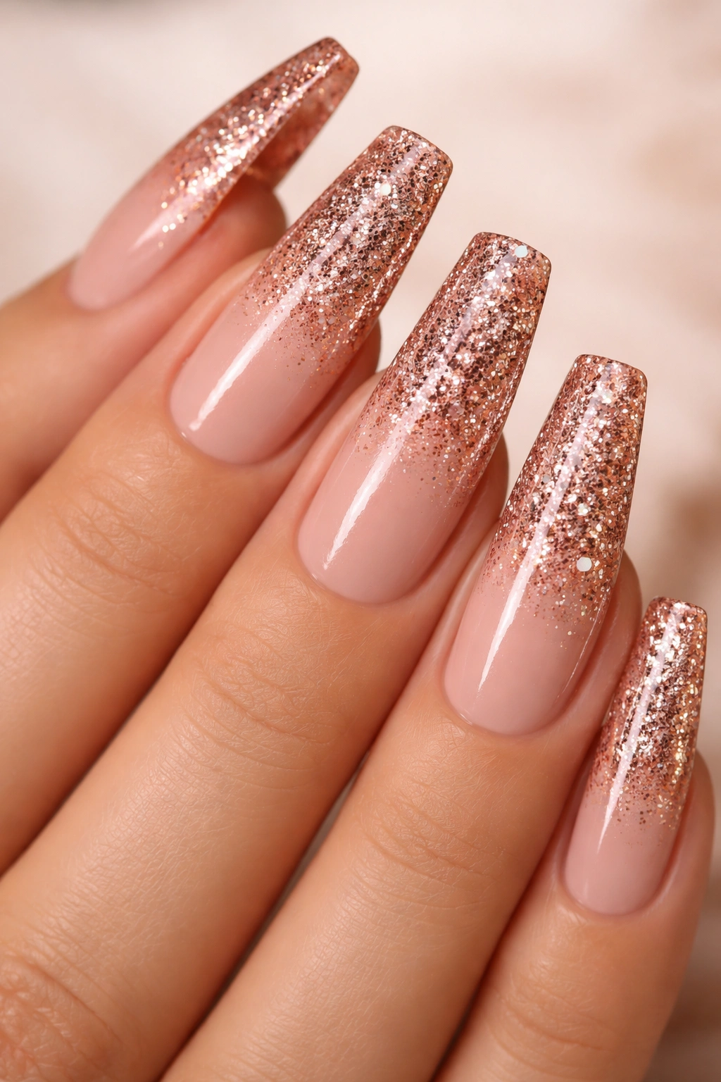 Close-up of long coffin nails with rose gold glitter on a nude base.