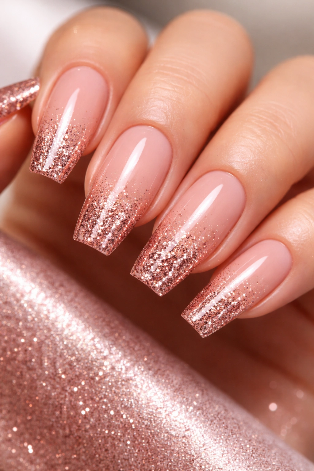 Nude base with rose gold glitter gradient nails