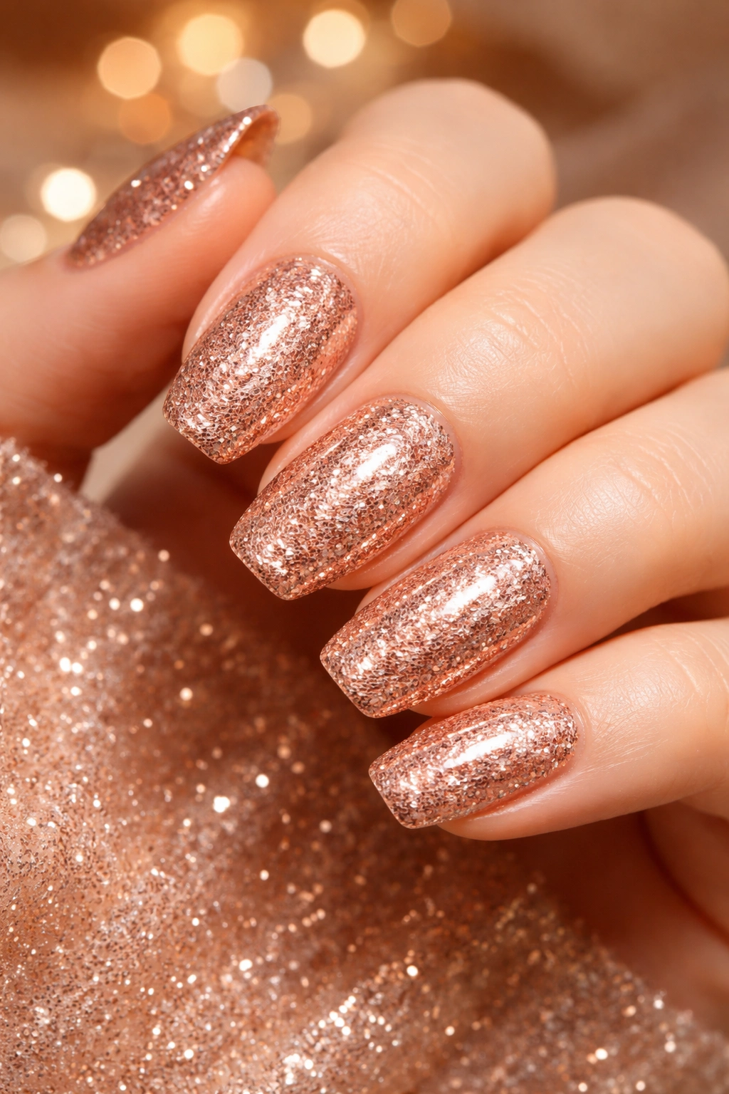 Close-up of rose gold glitter nails catching warm light