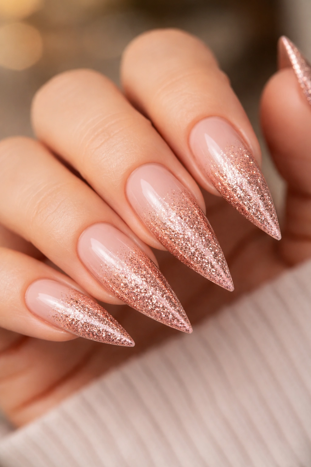 Nude base nails with rose gold glitter evenly distributed