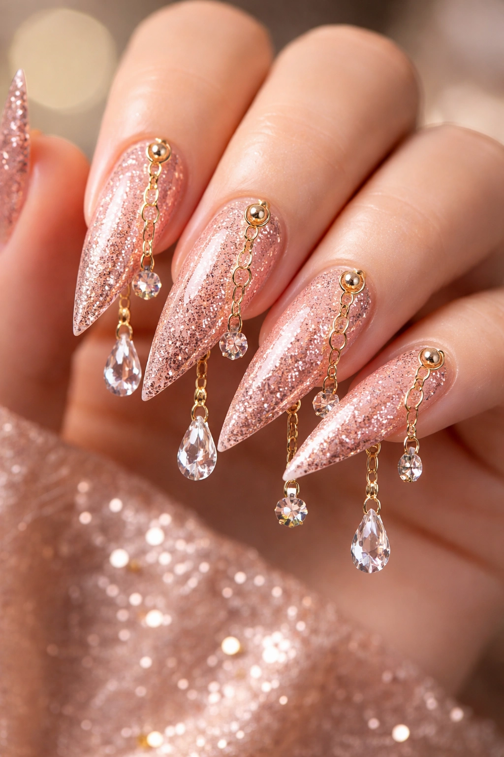 Close-up of rose gold glitter stiletto nails with dangling crystal charms