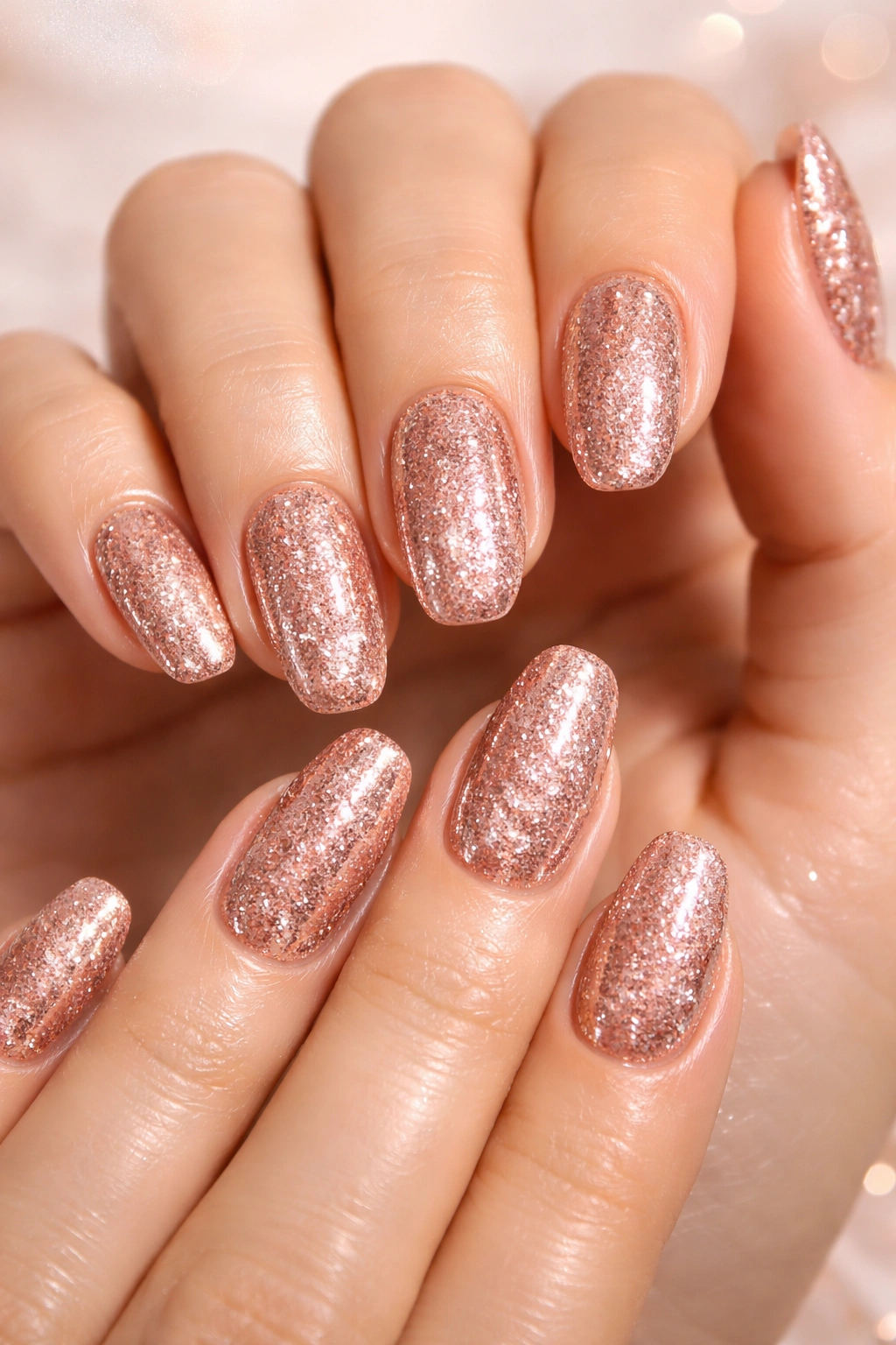 Close-up of rose gold glitter nail dip powder on nails with pink-gold copper tones