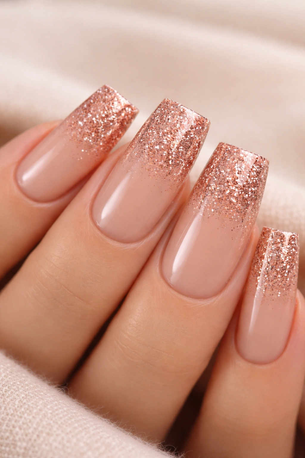 Close-up of duck nails with nude base and rose gold glitter at the tips