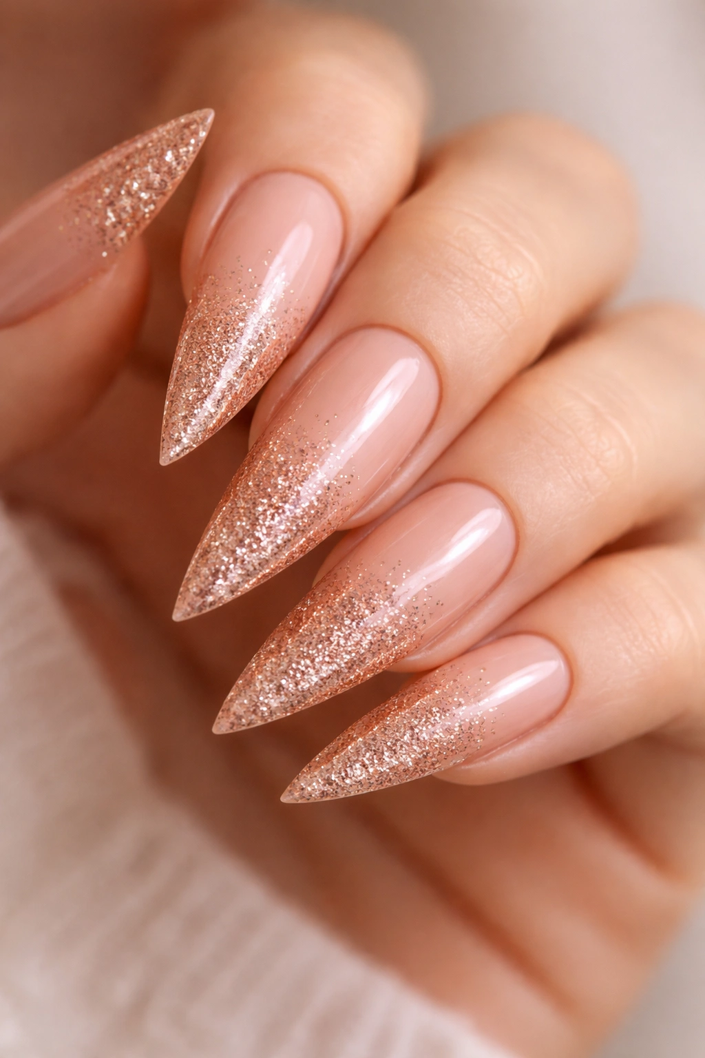 Close-up of a nude-to-rose-gold glitter ombre stiletto nail
