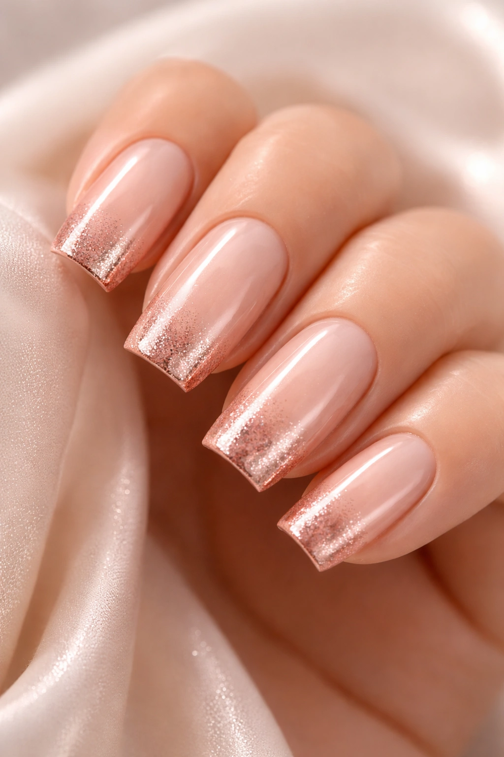 Close-up of rose gold gradient French nails on soft square nails with champagne base