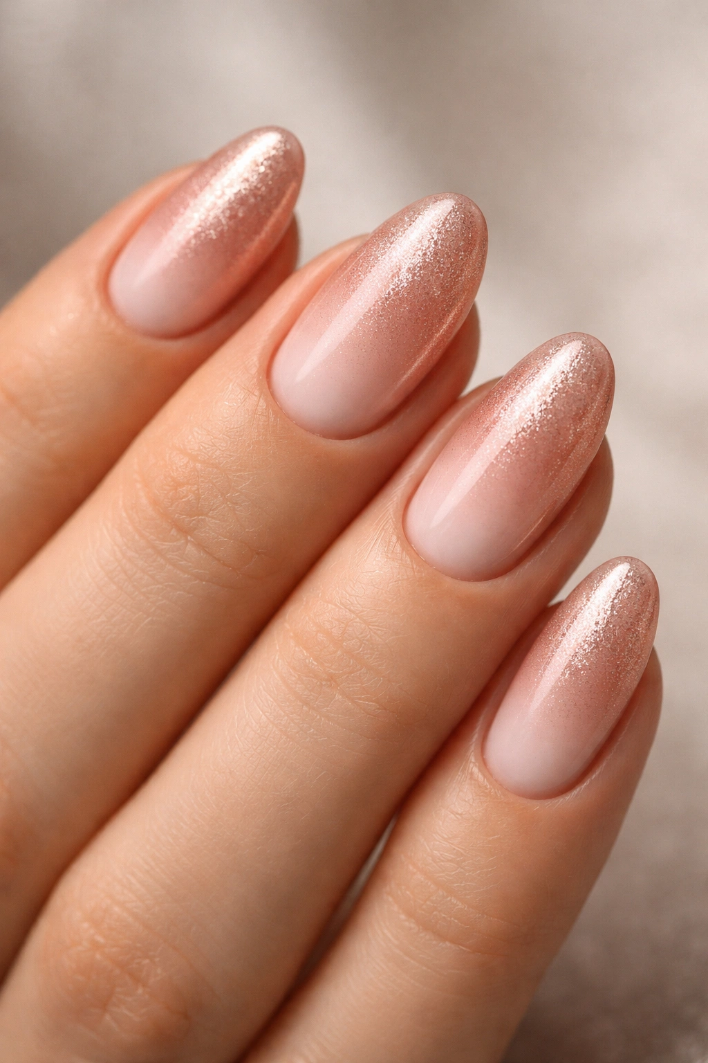 Close-up of short almond nails with rose gold halo gradient on nude base