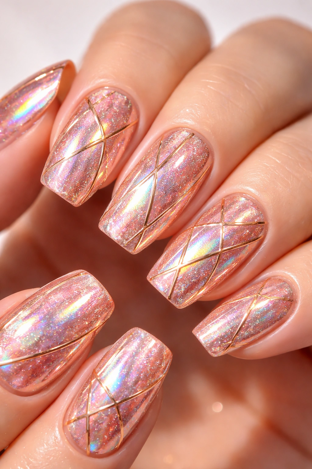Holographic rose gold nails with geometric accents