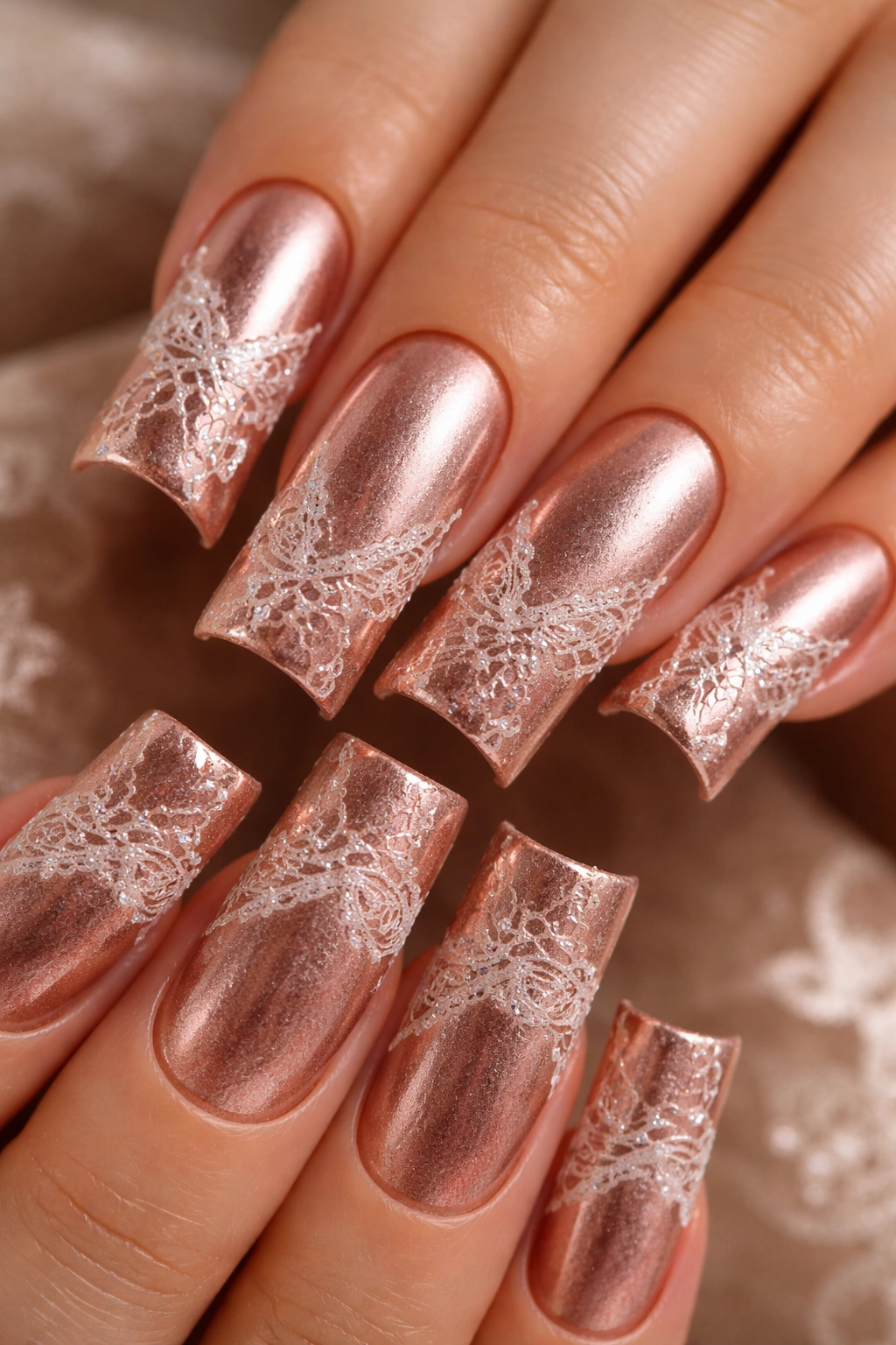 Rose gold curved duck nails with lace details