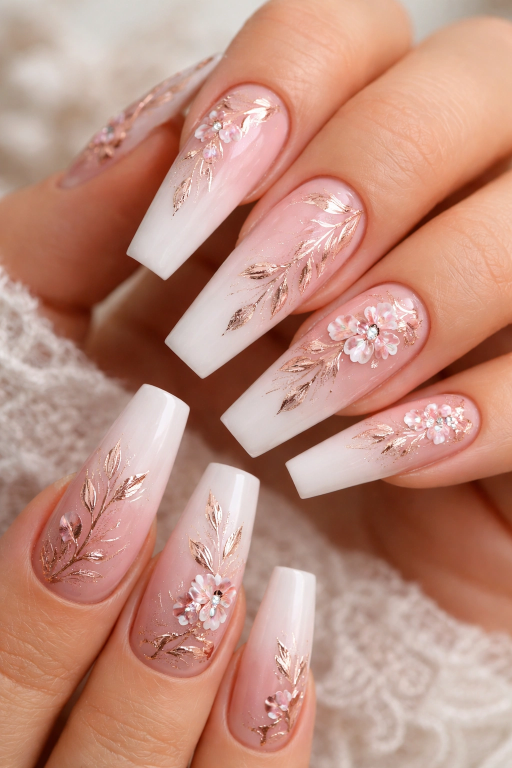 Close-up of long coffin nails with rose gold leaves on pink-white base