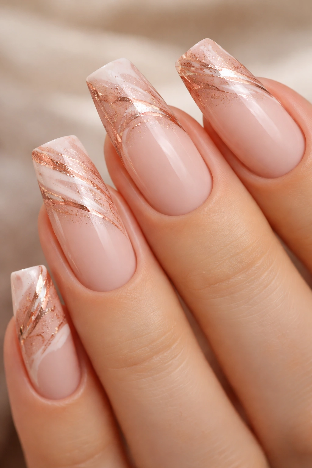 Close-up of rose gold and blush marble French tips on medium coffin nails