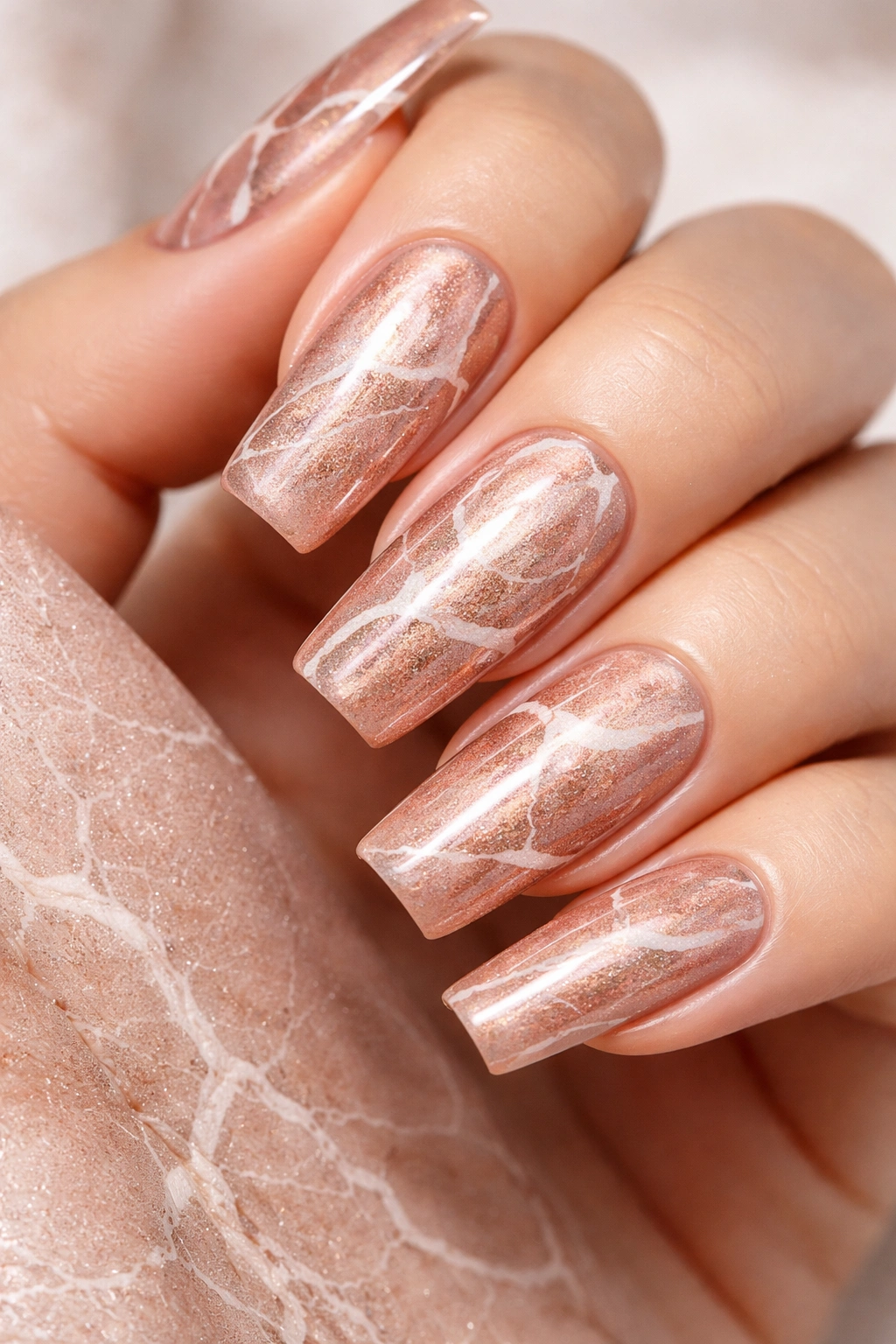 Close-up of rose gold marble nails with white veining on squoval shapes