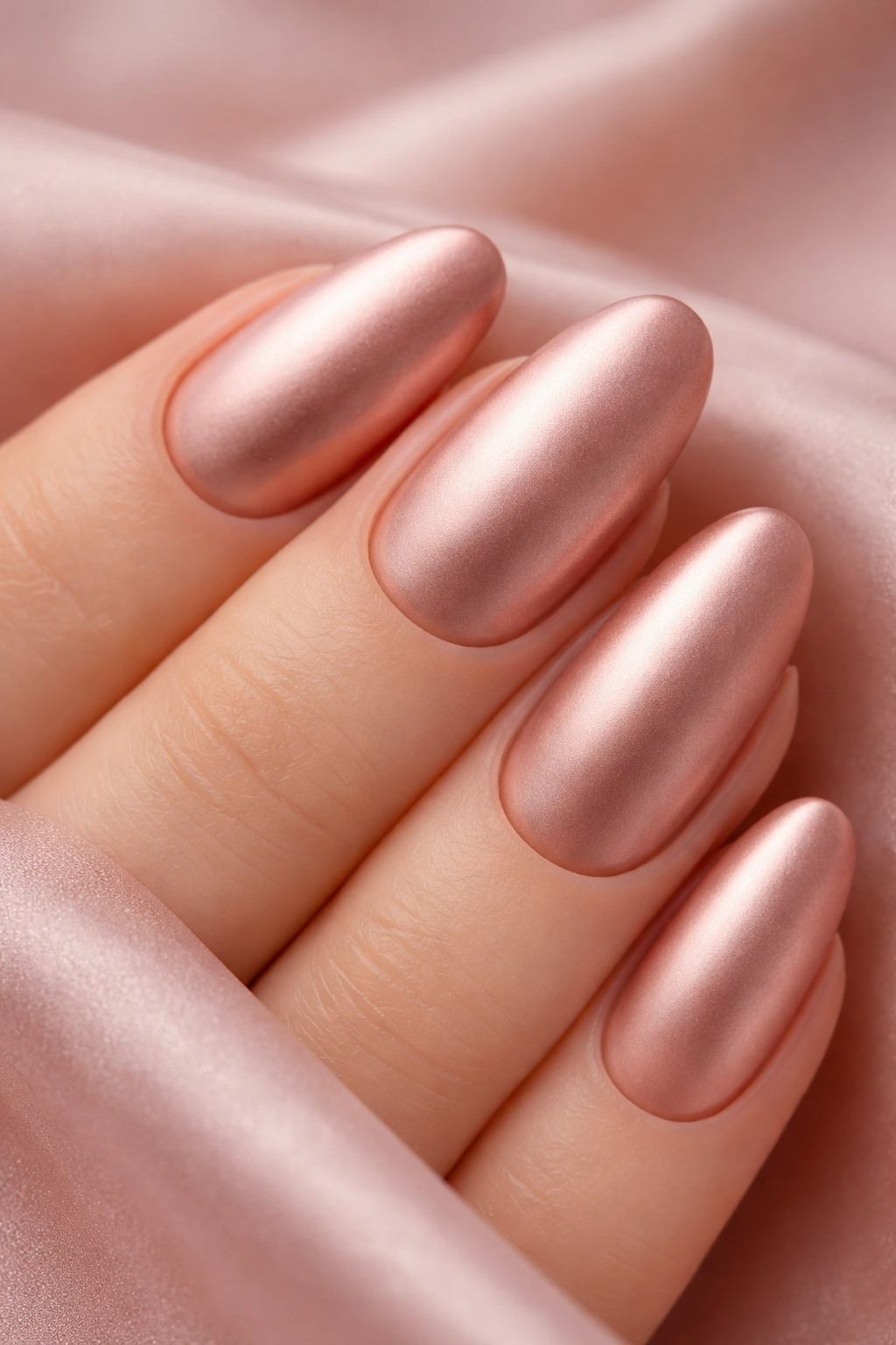 Close-up of rose gold matte chrome nails on almond tips with warm lighting