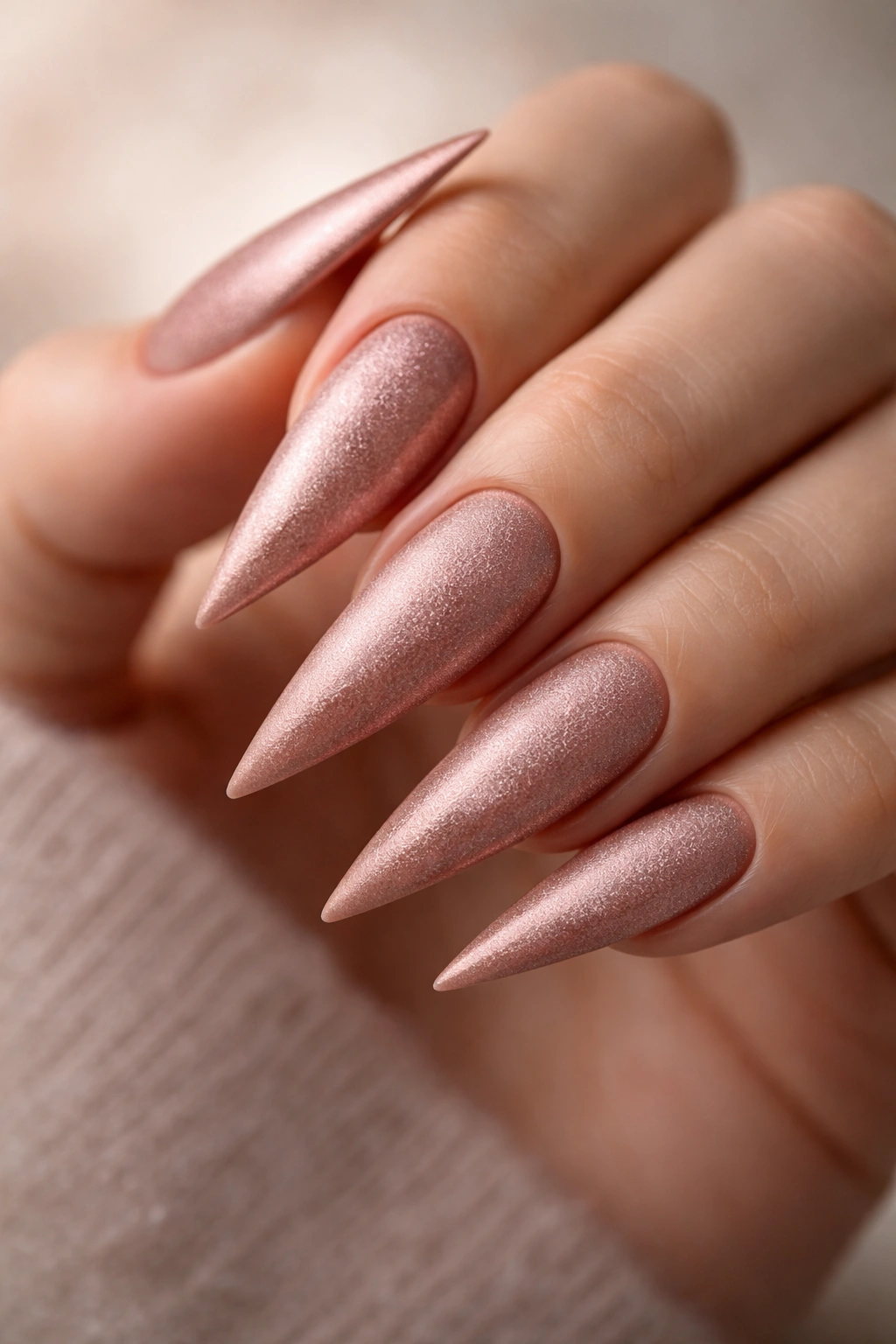 Close-up of rose gold matte stiletto nails with velvet texture on a neutral background