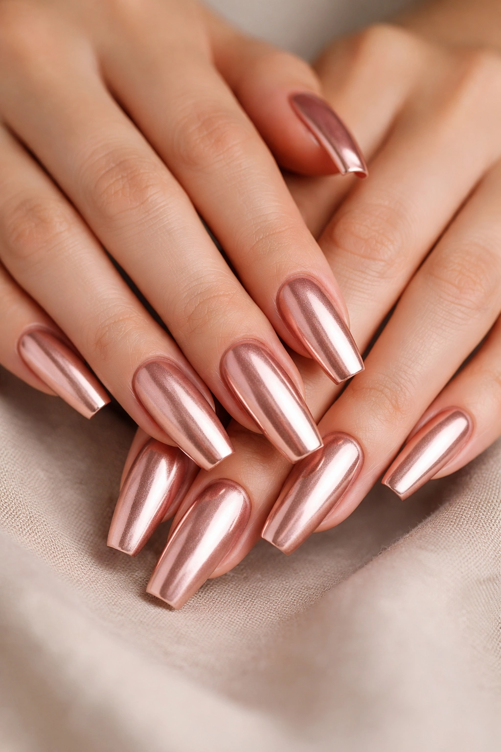 Coffin nails in rose gold metallic finish