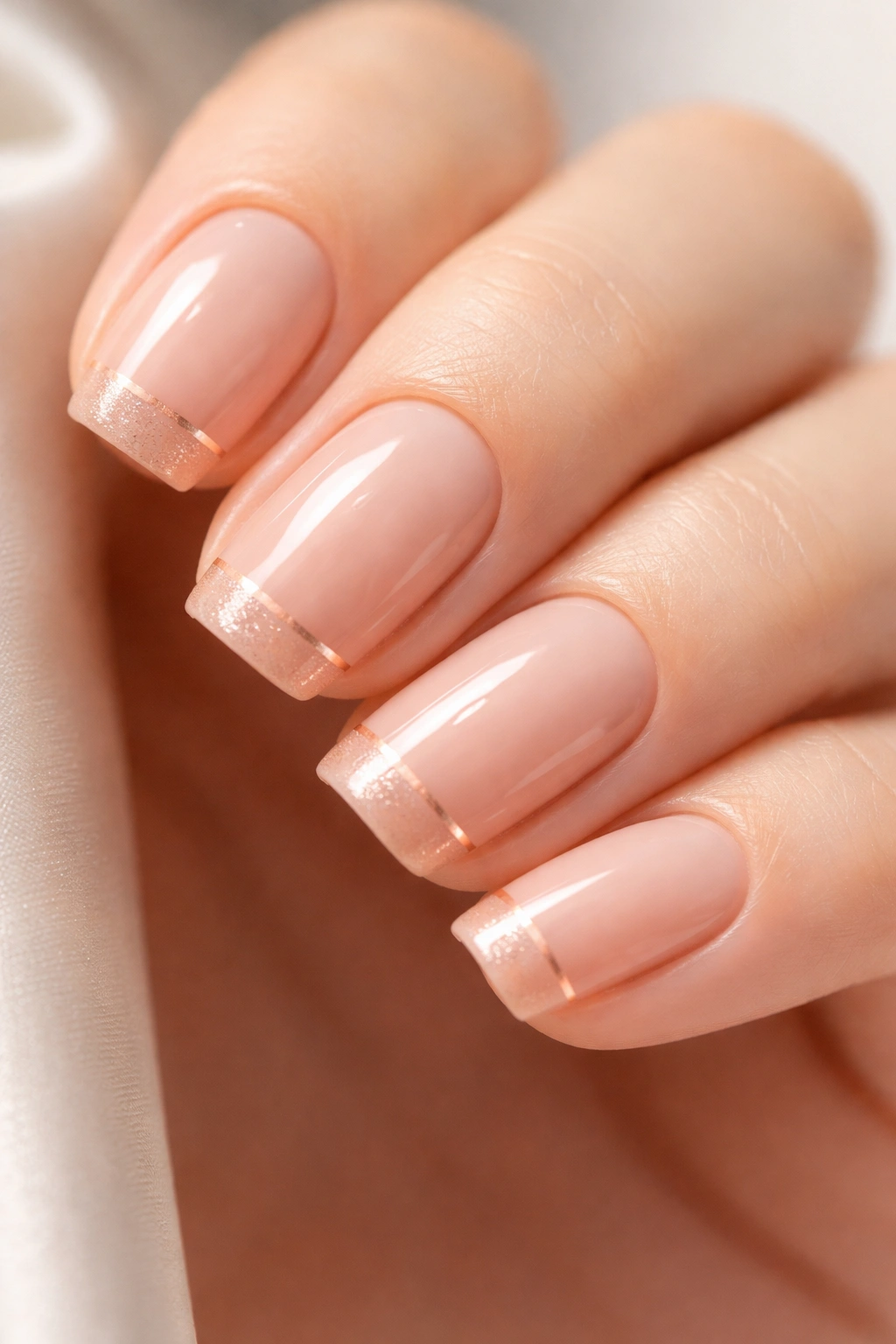 Rose gold minimalist nails with a single line on warm base