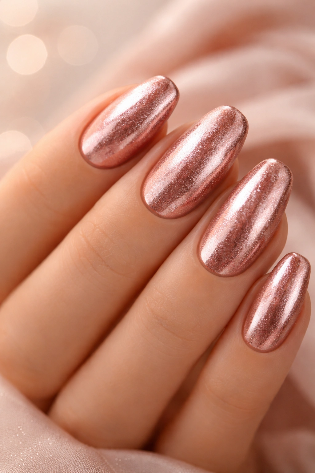 Close-up of rose gold nails on a hand with a neutral background