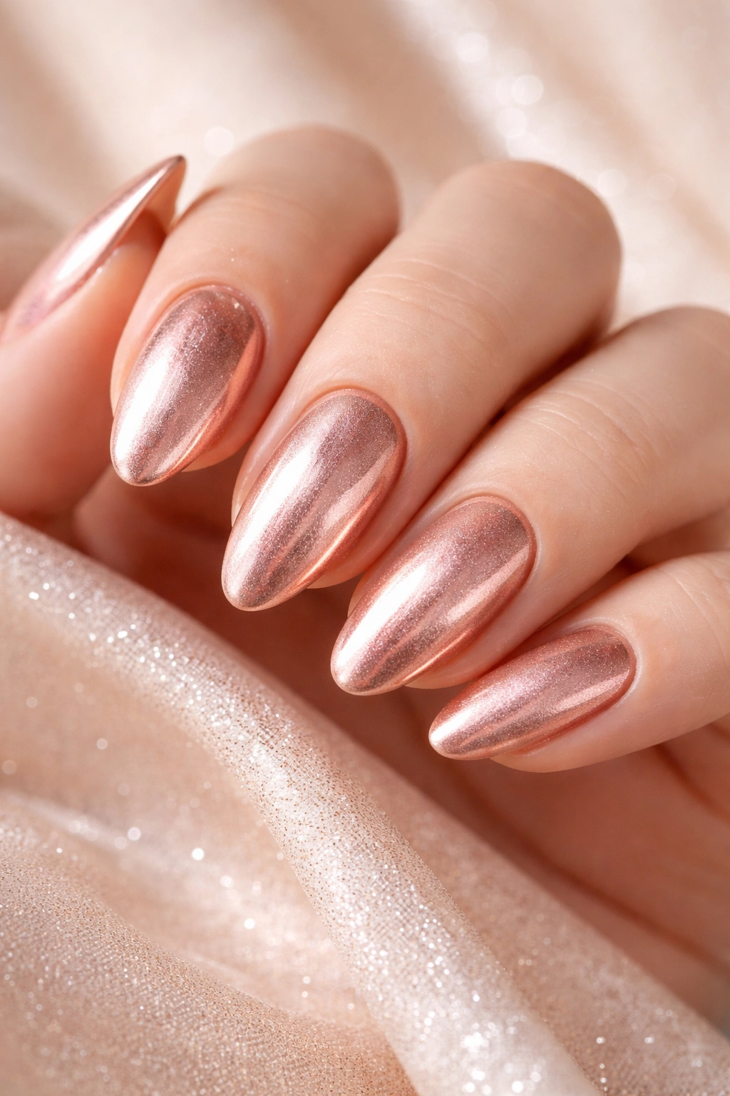Nails painted in rose gold chrome with warm reflections