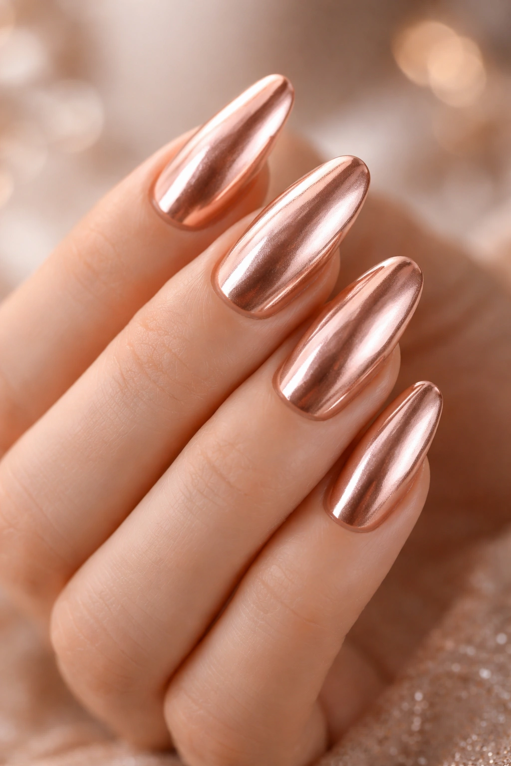 Close-up of long oval nails with rose gold metallic finish.