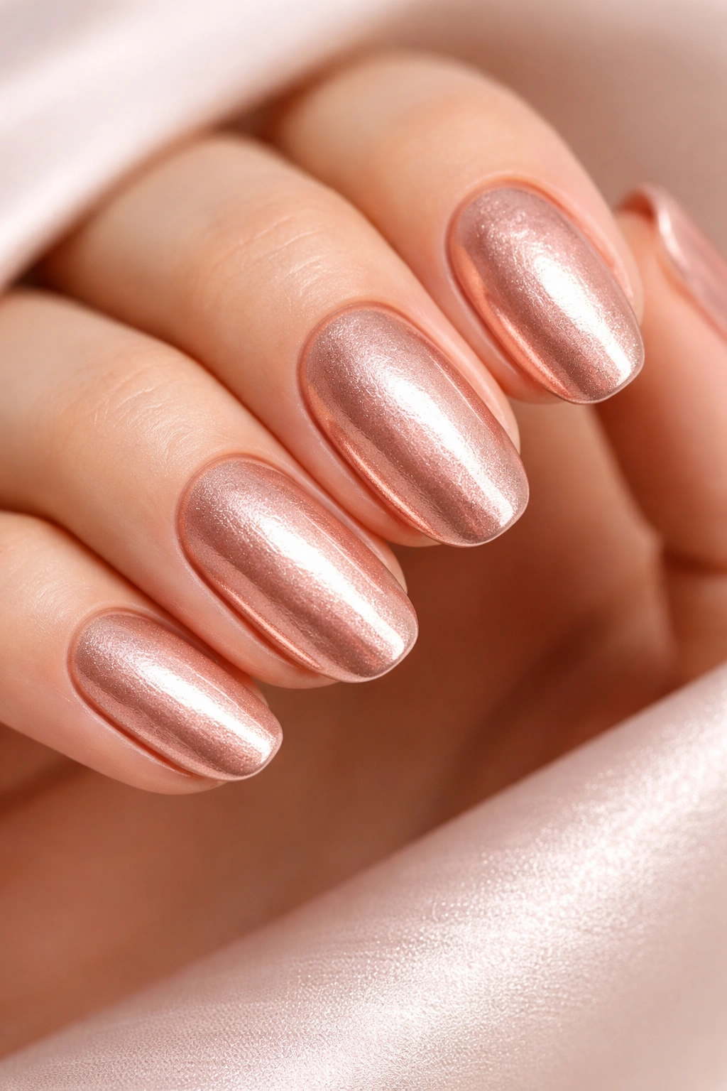 Close-up rose gold metallic nails with subtle shimmer