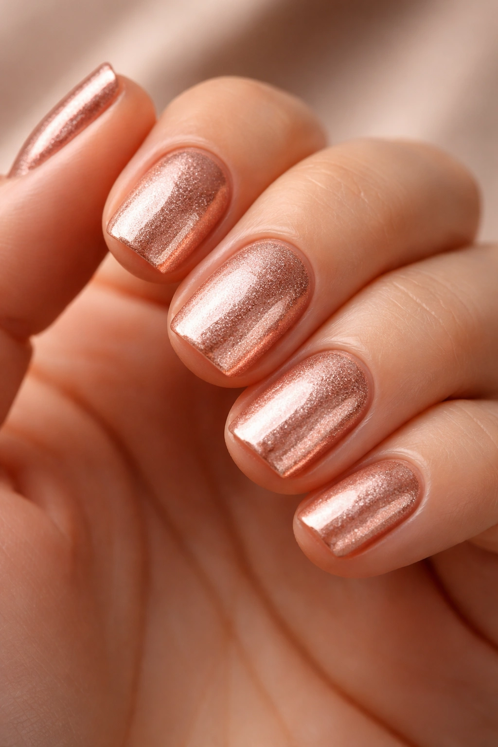 Close-up of short nails painted rose gold metallic with reflective sheen